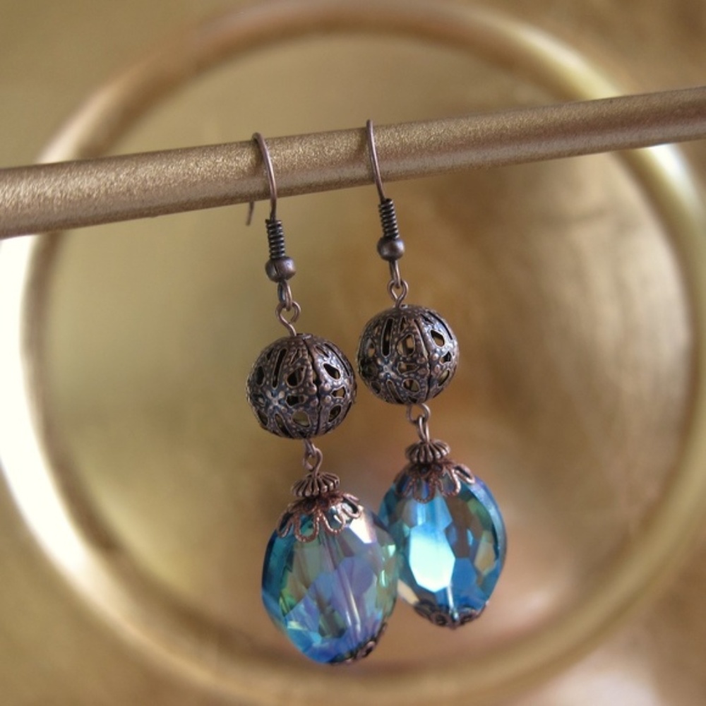 Vintage Style Blue Green Crystal/Copper Earrings